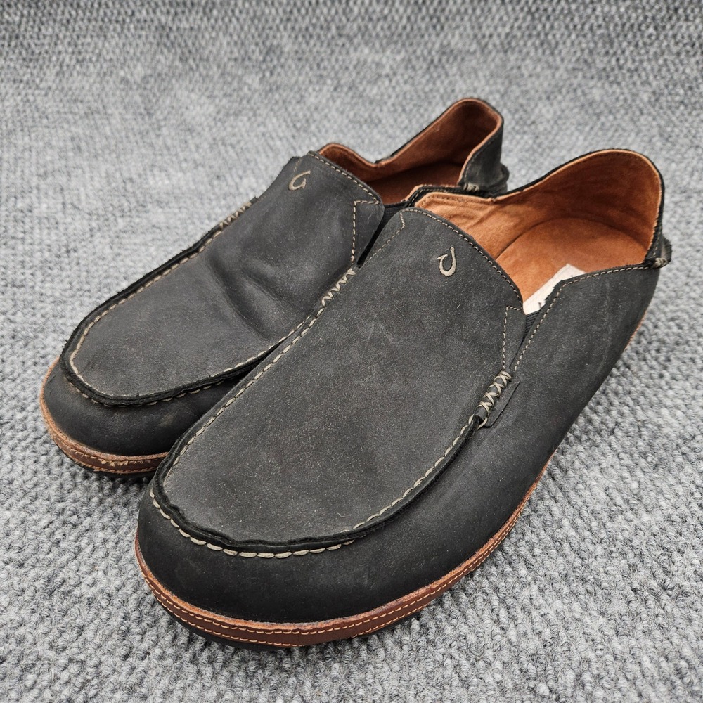 OluKai (Men's 15) Black Moloa Leather Slip On Loafers Casual Shoes Moccasin